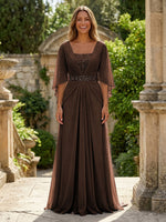 A-Line Chiffon Pleated Long Mother of the Bride with 3/4 Flutter Sleeves Sequin Waist