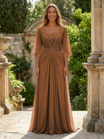 A-Line Chiffon Pleated Long Mother of the Bride with 3/4 Flutter Sleeves Sequin Waist