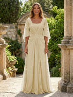 A-Line Chiffon Pleated Long Mother of the Bride with 3/4 Flutter Sleeves Sequin Waist