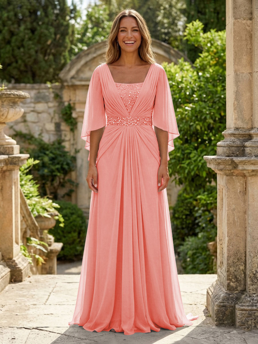 A-Line Chiffon Pleated Long Mother of the Bride with 3/4 Flutter Sleeves Sequin Waist