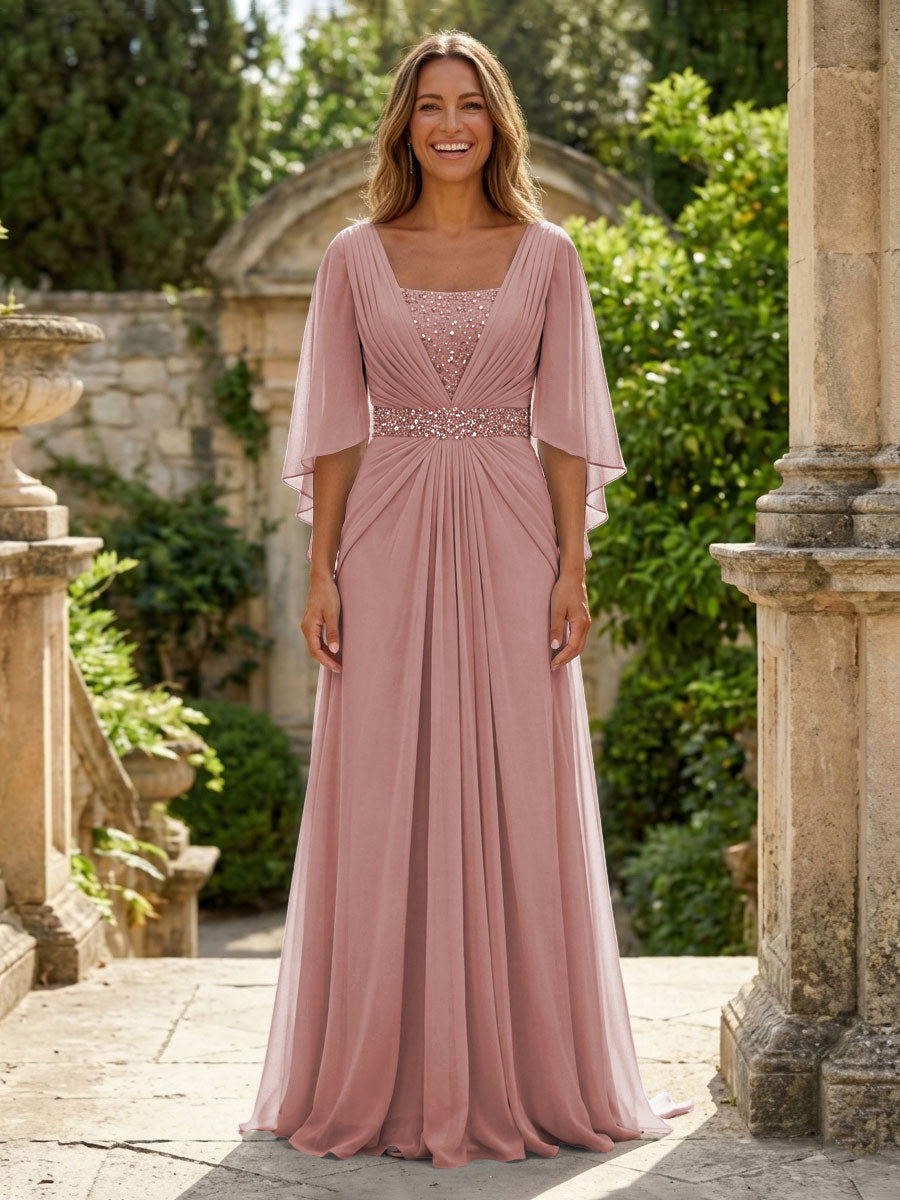 A-Line Chiffon Pleated Long Mother of the Bride with 3/4 Flutter Sleeves Sequin Waist