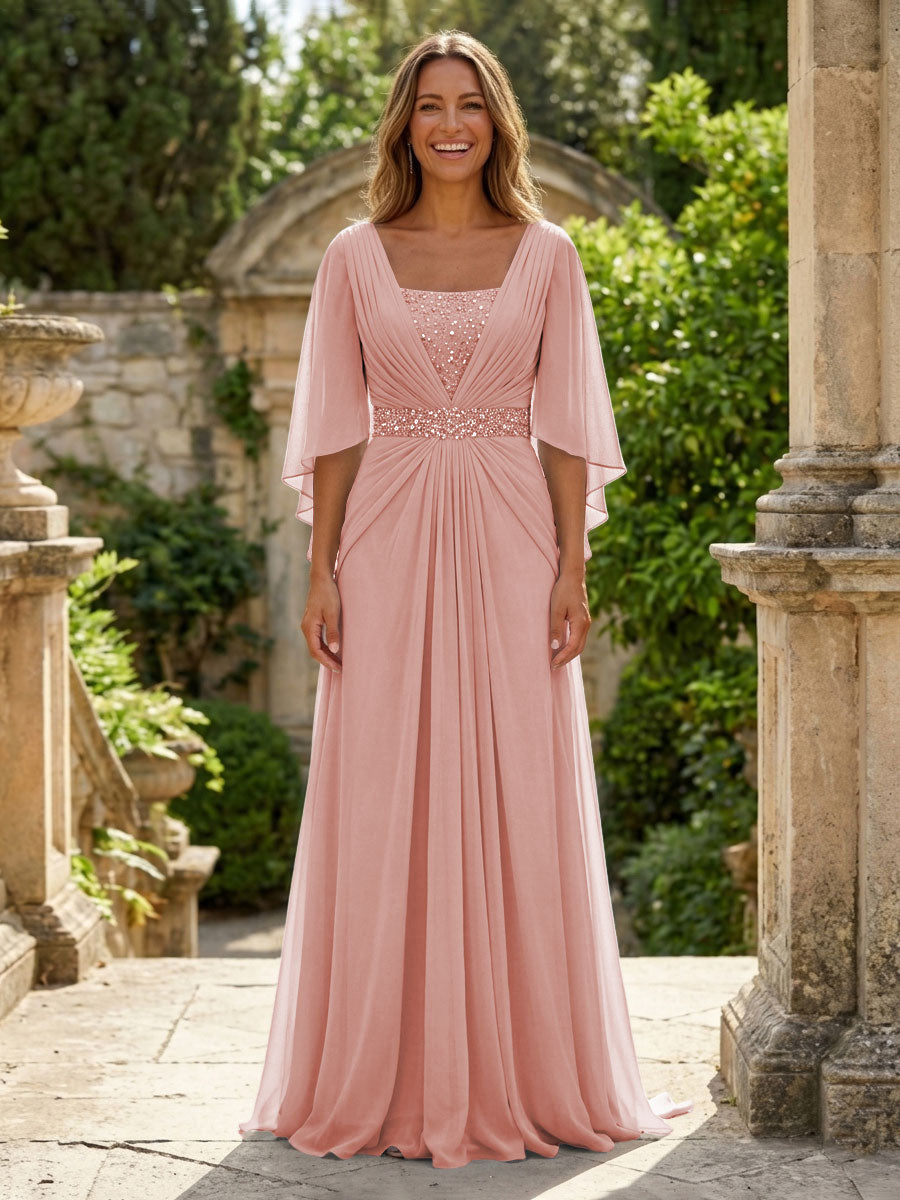 A-Line Chiffon Pleated Long Mother of the Bride with 3/4 Flutter Sleeves Sequin Waist