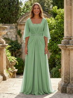 A-Line Chiffon Pleated Long Mother of the Bride with 3/4 Flutter Sleeves Sequin Waist