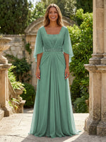 A-Line Chiffon Pleated Long Mother of the Bride with 3/4 Flutter Sleeves Sequin Waist