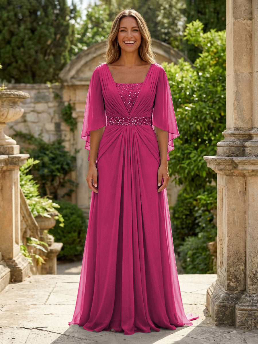A-Line Chiffon Pleated Long Mother of the Bride with 3/4 Flutter Sleeves Sequin Waist