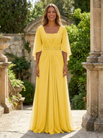 A-Line Chiffon Pleated Long Mother of the Bride with 3/4 Flutter Sleeves Sequin Waist