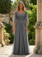 A-Line Chiffon Pleated Long Mother of the Bride with 3/4 Flutter Sleeves Sequin Waist