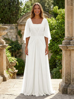 A-Line Chiffon Pleated Long Mother of the Bride with 3/4 Flutter Sleeves Sequin Waist