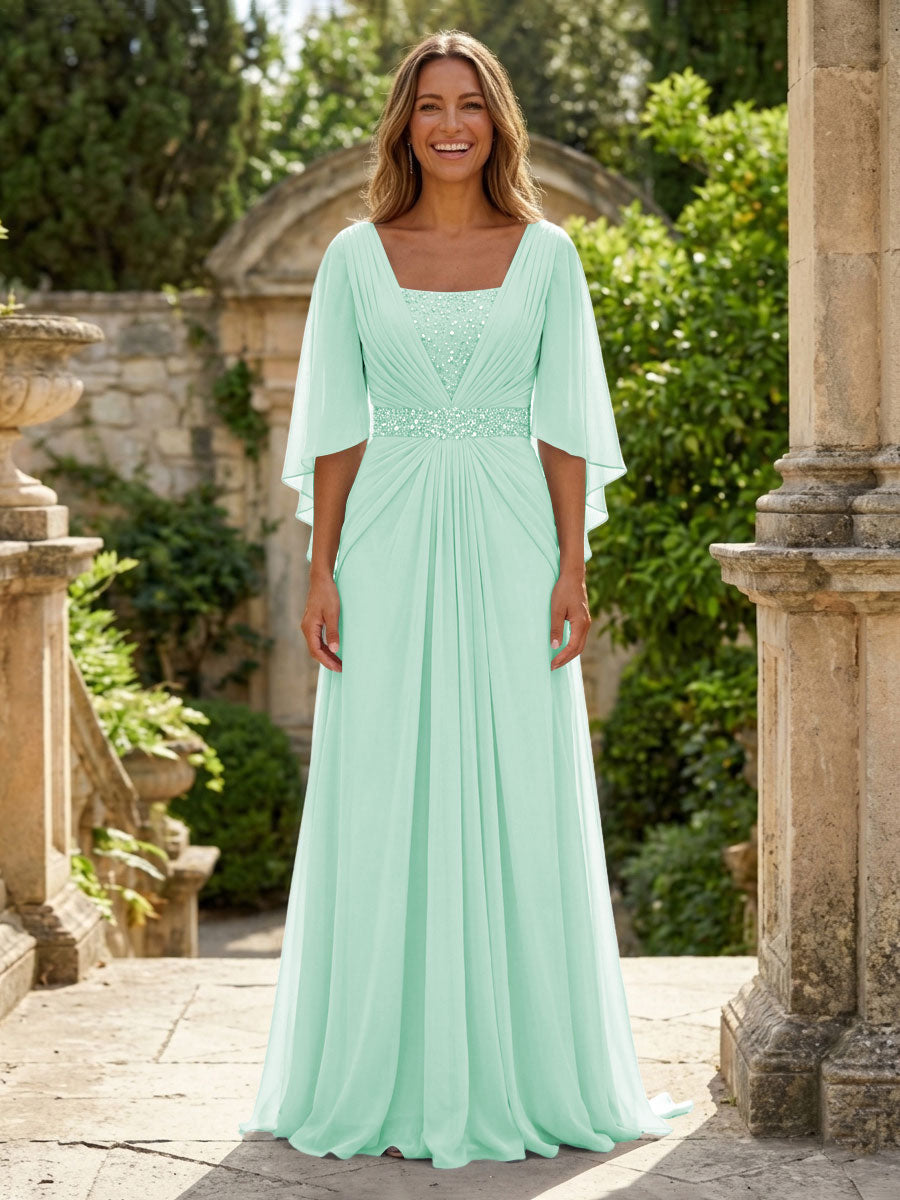 A-Line Chiffon Pleated Long Mother of the Bride with 3/4 Flutter Sleeves Sequin Waist