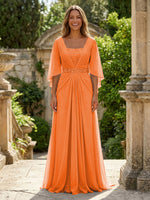 A-Line Chiffon Pleated Long Mother of the Bride with 3/4 Flutter Sleeves Sequin Waist