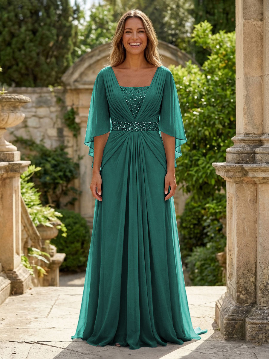 A-Line Chiffon Pleated Long Mother of the Bride with 3/4 Flutter Sleeves Sequin Waist