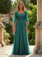 A-Line Chiffon Pleated Long Mother of the Bride with 3/4 Flutter Sleeves Sequin Waist