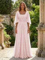 A-Line Chiffon Pleated Long Mother of the Bride with 3/4 Flutter Sleeves Sequin Waist