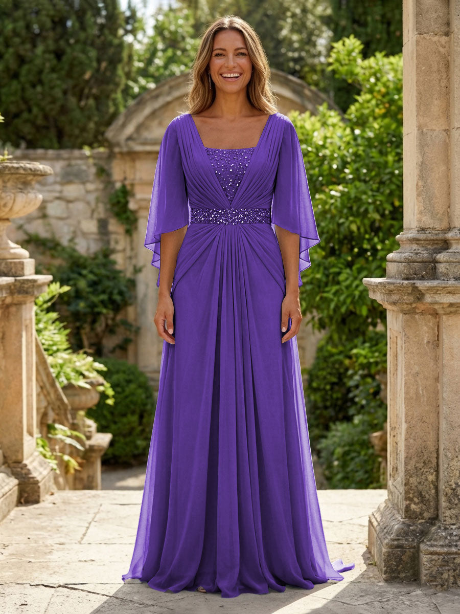 A-Line Chiffon Pleated Long Mother of the Bride with 3/4 Flutter Sleeves Sequin Waist