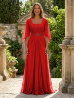 A-Line Chiffon Pleated Long Mother of the Bride with 3/4 Flutter Sleeves Sequin Waist