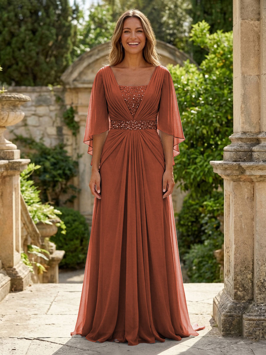 A-Line Chiffon Pleated Long Mother of the Bride with 3/4 Flutter Sleeves Sequin Waist