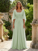 A-Line Chiffon Pleated Long Mother of the Bride with 3/4 Flutter Sleeves Sequin Waist