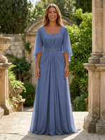 A-Line Chiffon Pleated Long Mother of the Bride with 3/4 Flutter Sleeves Sequin Waist