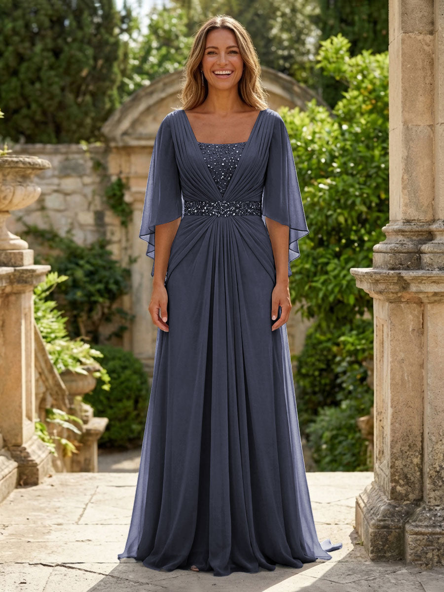 A-Line Chiffon Pleated Long Mother of the Bride with 3/4 Flutter Sleeves Sequin Waist