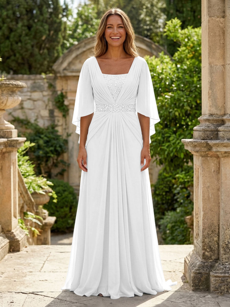 A-Line Chiffon Pleated Long Mother of the Bride with 3/4 Flutter Sleeves Sequin Waist
