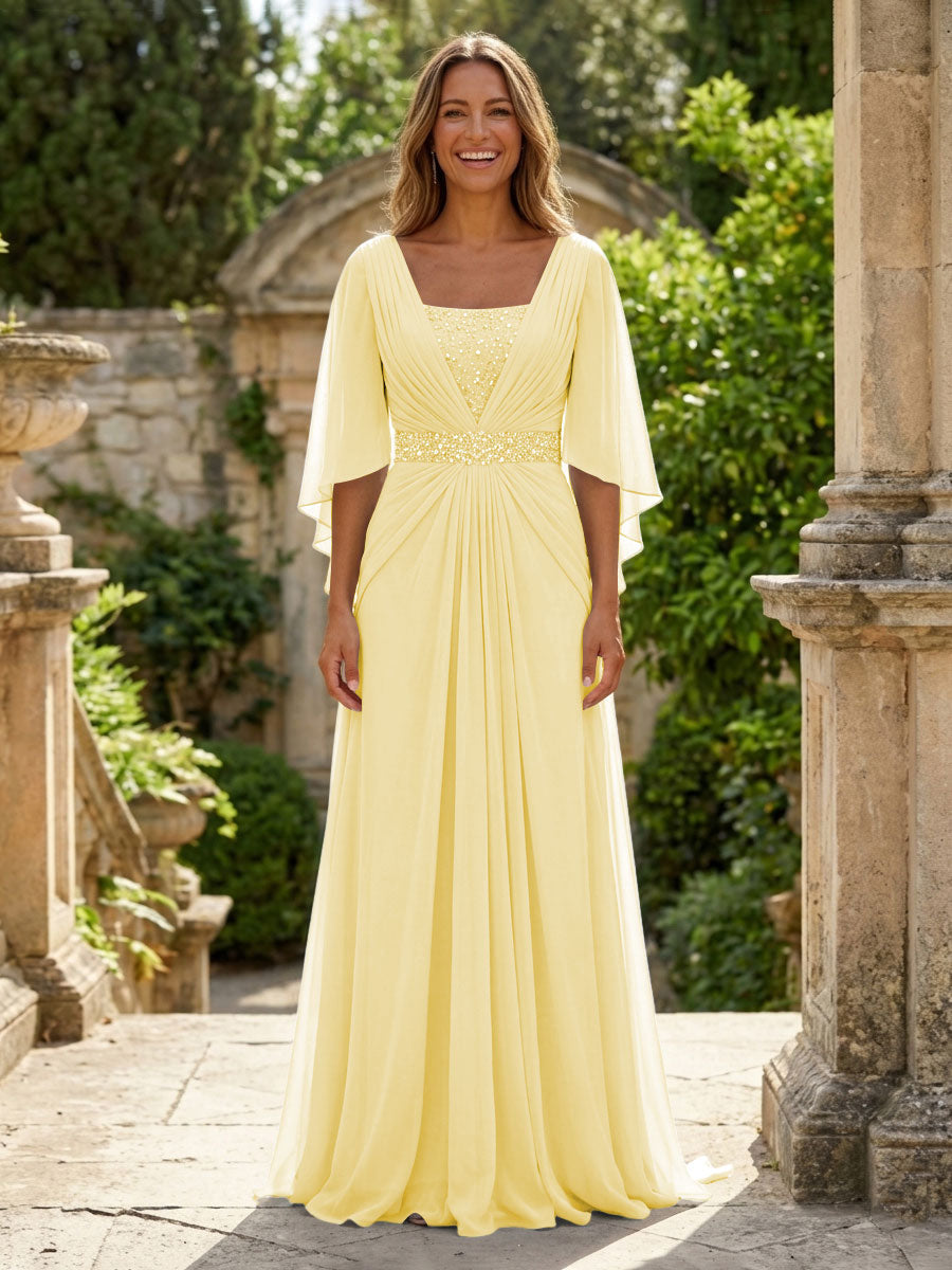 A-Line Chiffon Pleated Long Mother of the Bride with 3/4 Flutter Sleeves Sequin Waist