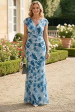 Sheath Chiffon Floral Print Maxi Mother of the Bride with Ruched Waist