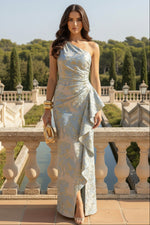 Sheath Satin Jacquard One Shoulder Mother of the Bride with Ruffles Slit
