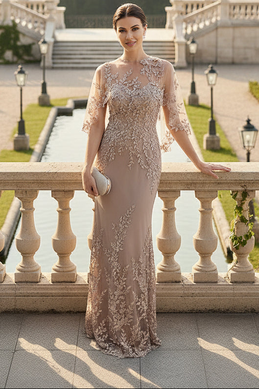 Lace Appliques Illusion Floor-Length Mother of the Bride with Cape