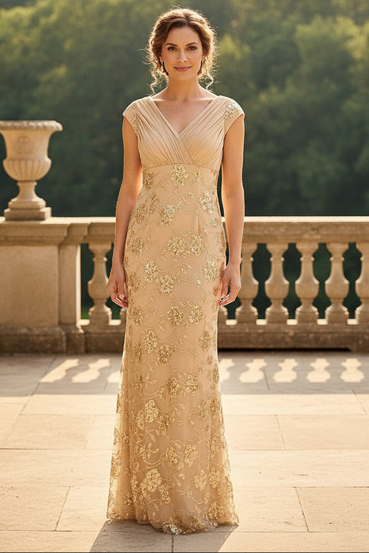 Sequin V-Neck Floor-Length Mother of the Bride with Ruched Bodice