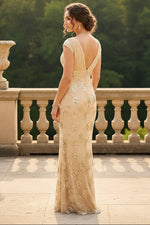 Sequin V-Neck Floor-Length Mother of the Bride with Ruched Bodice