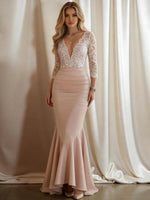 Mermaid V-Neck 3/4 Sleeve Sparkly Mixed Long Evening Dresses with Ruffle