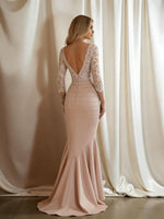 Mermaid V-Neck 3/4 Sleeve Sparkly Mixed Long Evening Dresses with Ruffle