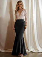 Mermaid V-Neck 3/4 Sleeve Sparkly Mixed Long Evening Dresses with Ruffle