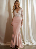 Mermaid V-Neck 3/4 Sleeve Sparkly Mixed Long Evening Dresses with Ruffle