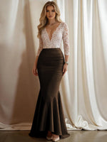 Mermaid V-Neck 3/4 Sleeve Sparkly Mixed Long Evening Dresses with Ruffle