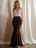 Mermaid V-Neck 3/4 Sleeve Sparkly Mixed Long Evening Dresses with Ruffle