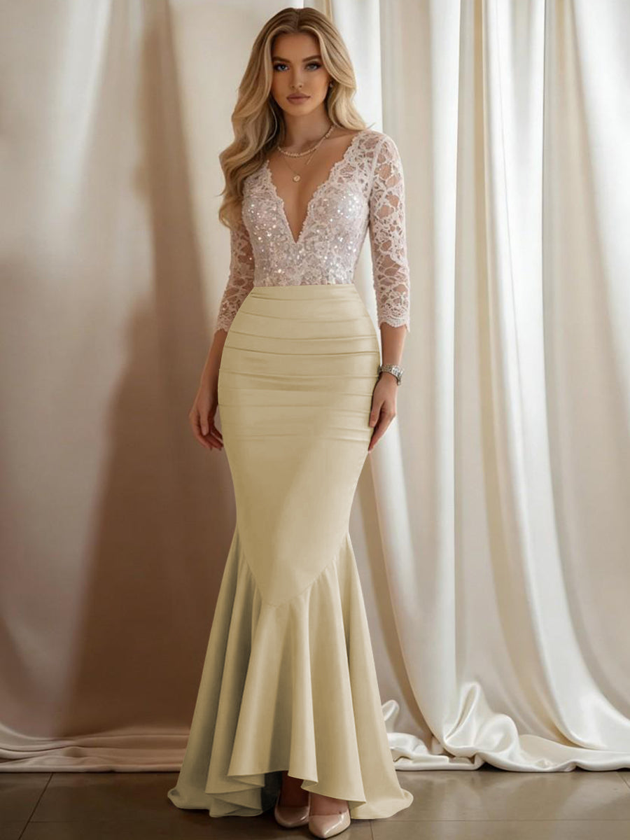 Mermaid V-Neck 3/4 Sleeve Sparkly Mixed Long Evening Dresses with Ruffle