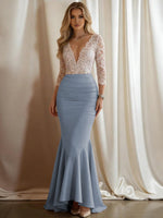 Mermaid V-Neck 3/4 Sleeve Sparkly Mixed Long Evening Dresses with Ruffle