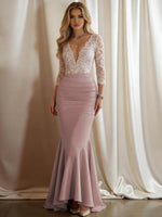 Mermaid V-Neck 3/4 Sleeve Sparkly Mixed Long Evening Dresses with Ruffle