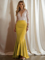 Mermaid V-Neck 3/4 Sleeve Sparkly Mixed Long Evening Dresses with Ruffle