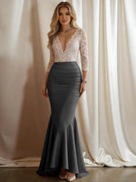 Mermaid V-Neck 3/4 Sleeve Sparkly Mixed Long Evening Dresses with Ruffle