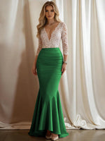 Mermaid V-Neck 3/4 Sleeve Sparkly Mixed Long Evening Dresses with Ruffle