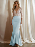 Mermaid V-Neck 3/4 Sleeve Sparkly Mixed Long Evening Dresses with Ruffle