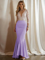 Mermaid V-Neck 3/4 Sleeve Sparkly Mixed Long Evening Dresses with Ruffle