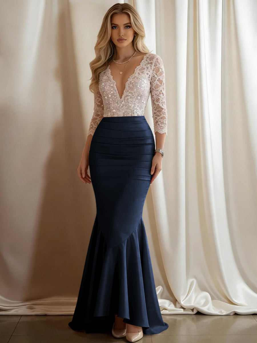 Mermaid V-Neck 3/4 Sleeve Sparkly Mixed Long Evening Dresses with Ruffle