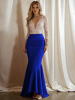 Mermaid V-Neck 3/4 Sleeve Sparkly Mixed Long Evening Dresses with Ruffle