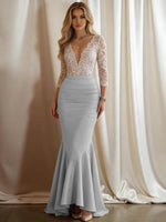 Mermaid V-Neck 3/4 Sleeve Sparkly Mixed Long Evening Dresses with Ruffle