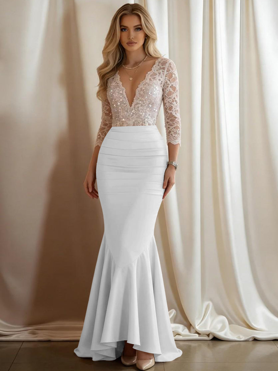 Mermaid V-Neck 3/4 Sleeve Sparkly Mixed Long Evening Dresses with Ruffle