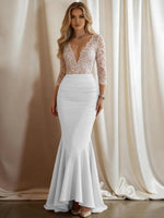 Mermaid V-Neck 3/4 Sleeve Sparkly Mixed Long Evening Dresses with Ruffle