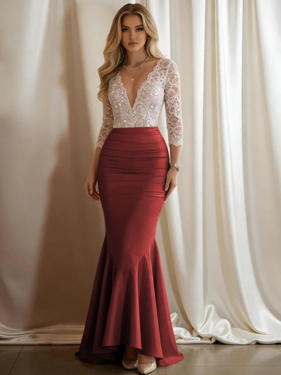 Mermaid V-Neck 3/4 Sleeve Sparkly Mixed Long Evening Dresses with Ruffle